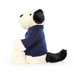 Bashful Black & Cream Puppy with Personalised Navy Jumper