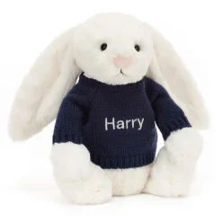 Bashful Cream Bunny with Personalised Navy Jumper
