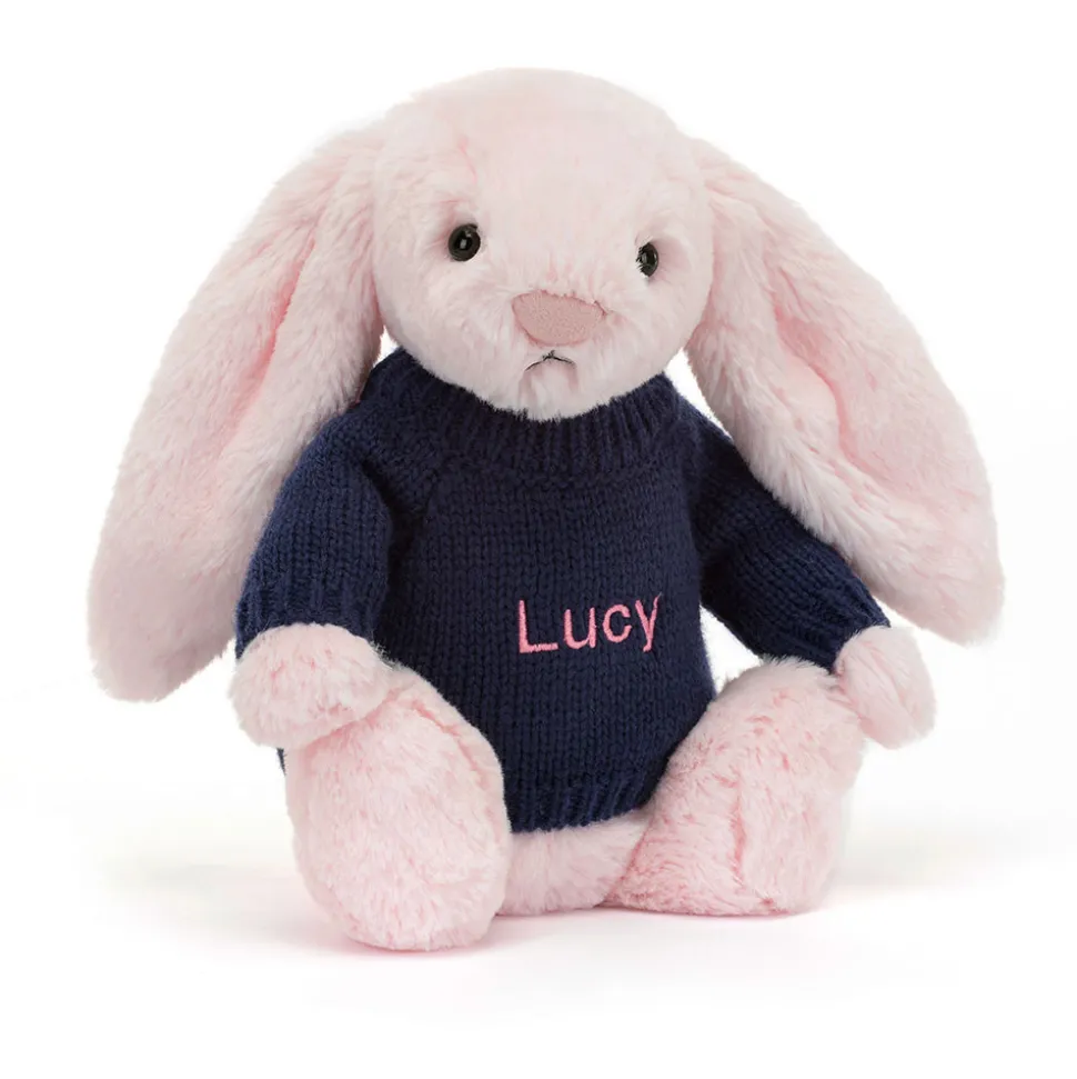 Bashful Pink Bunny with Personalised Navy Jumper