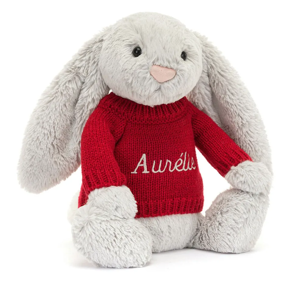 Bashful Silver Bunny with Personalised Red Jumper