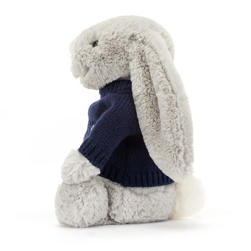 Bashful Silver Bunny with Personalised Navy Jumper